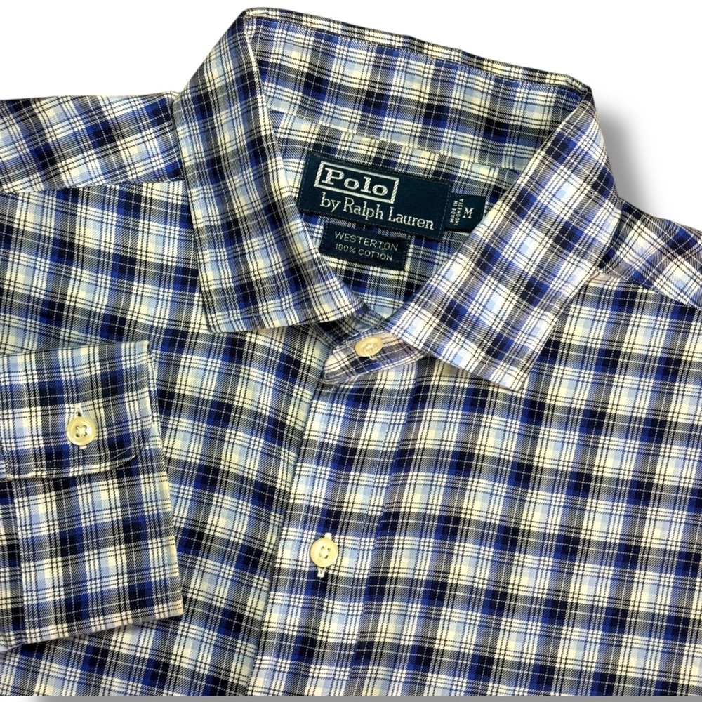 Vintage Polo Ralph Lauren Button Down Men M Blue Plaid Westerton Cotton Shirt